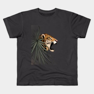 tribal of a jaguar between the leaves of a bush as a simple line drawing Kids T-Shirt